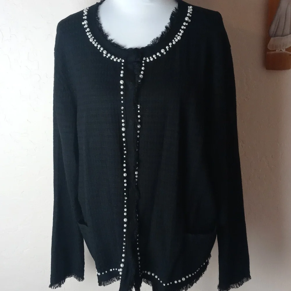 Elena Miro Black Sweater Cardigan with Pearl Trim - Picture 2 of 11